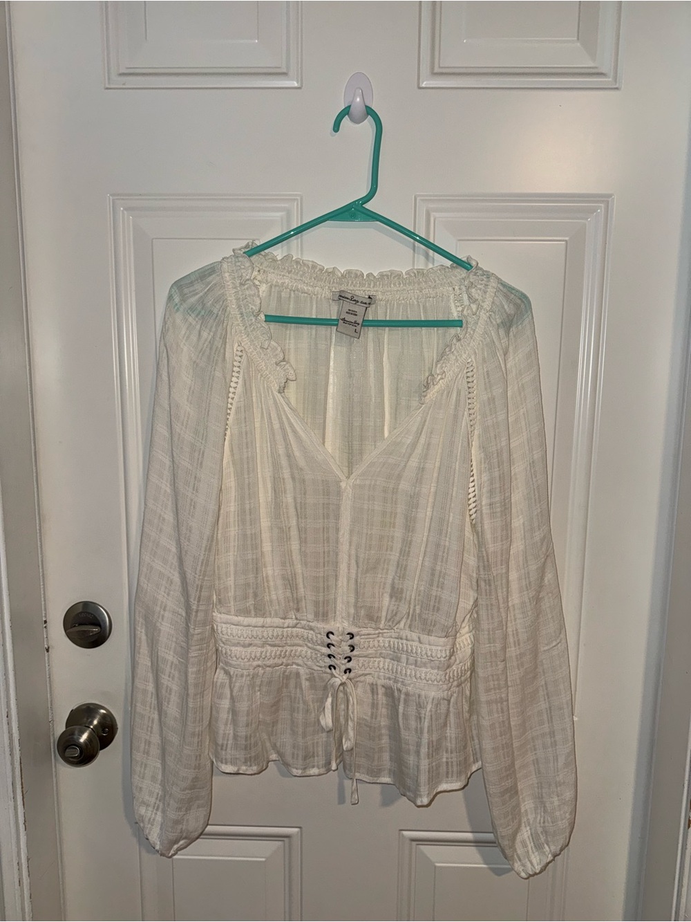 American Rag Cream Lace-Up Peasant Top